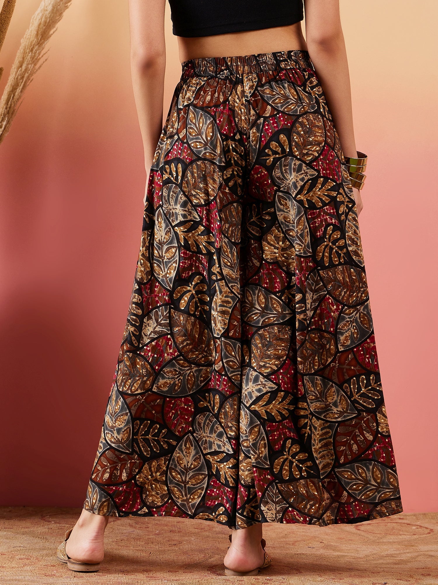 InWeave Black Grey Leaf Print Foil Palazzo - Distacart