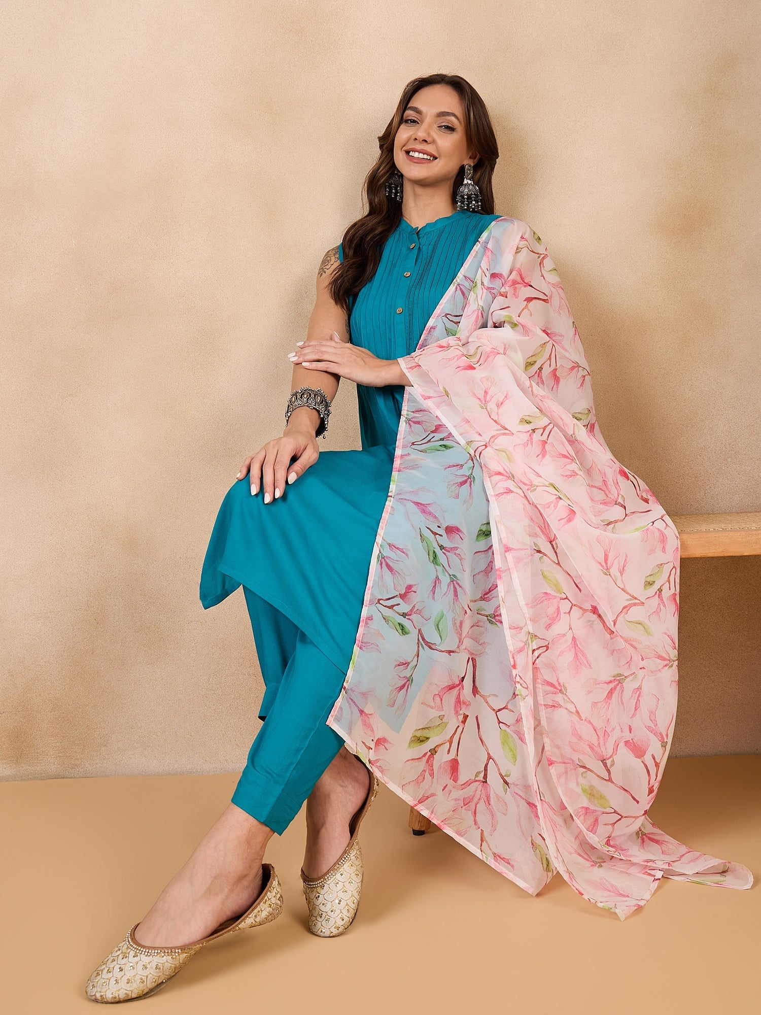 InWeave White Peach Floral Print Organza Dupatta - Distacart