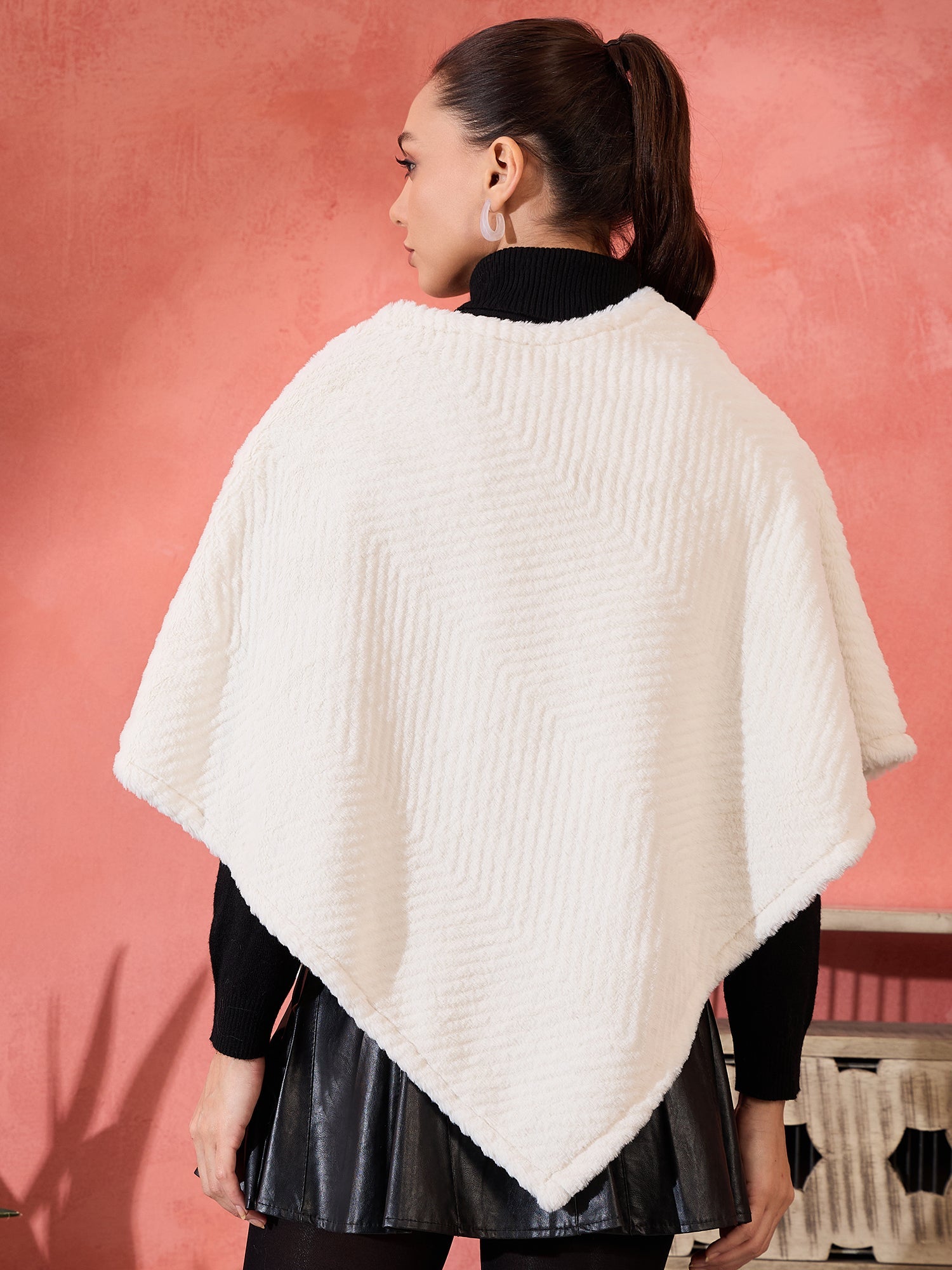 InWeave Cream Striped Rabbit Faux Fur Poncho - Distacart