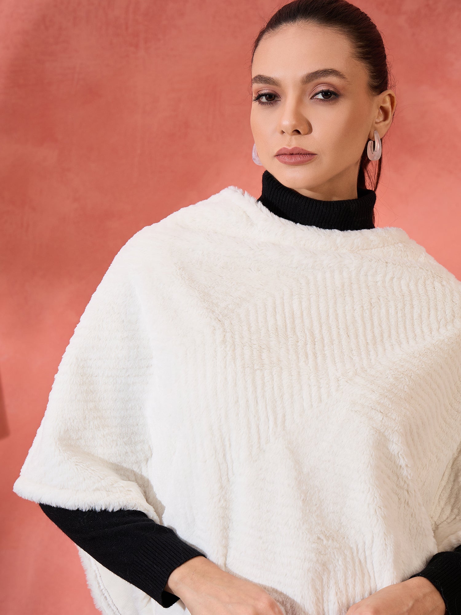 InWeave Cream Striped Rabbit Faux Fur Poncho - Distacart