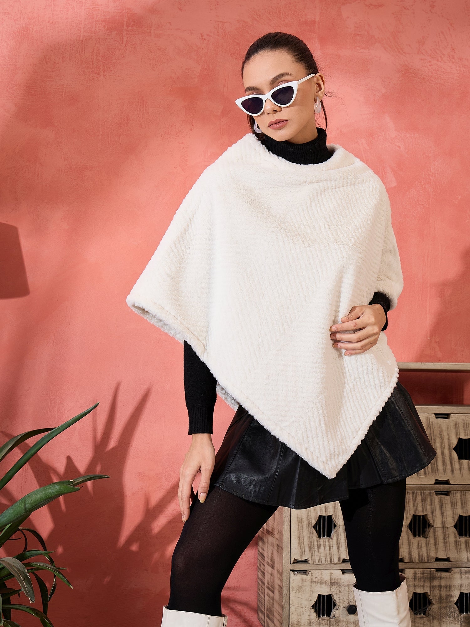 InWeave Cream Striped Rabbit Faux Fur Poncho - Distacart