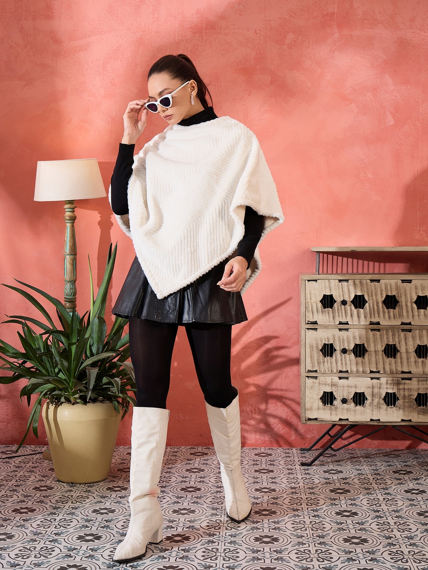InWeave Cream Striped Rabbit Faux Fur Poncho - Distacart