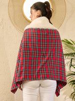 Thumbnail for InWeave Red Green Check Cream Fur Poncho - Distacart