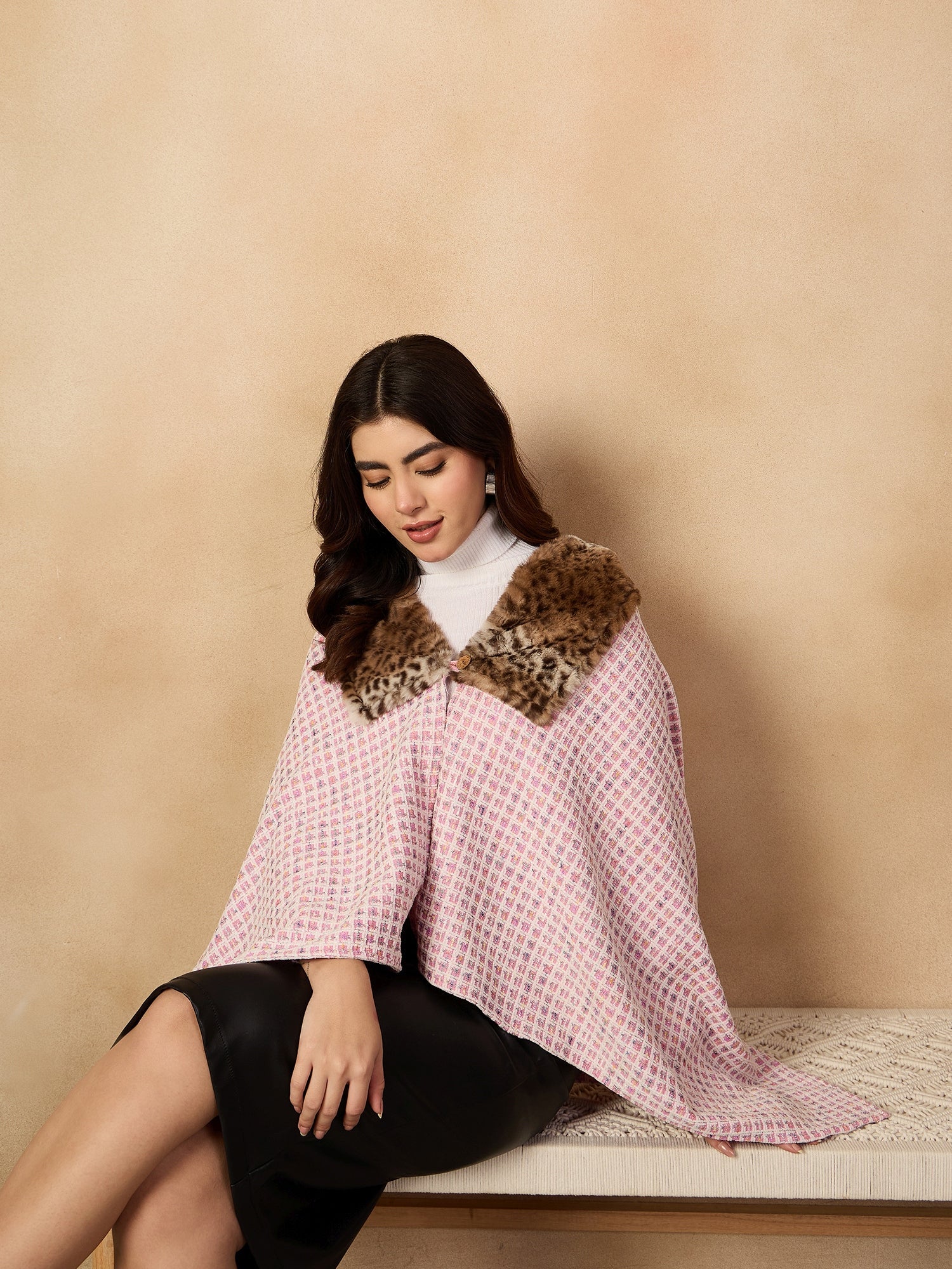 InWeave Pink White Check Acrylic Fur Poncho - Distacart