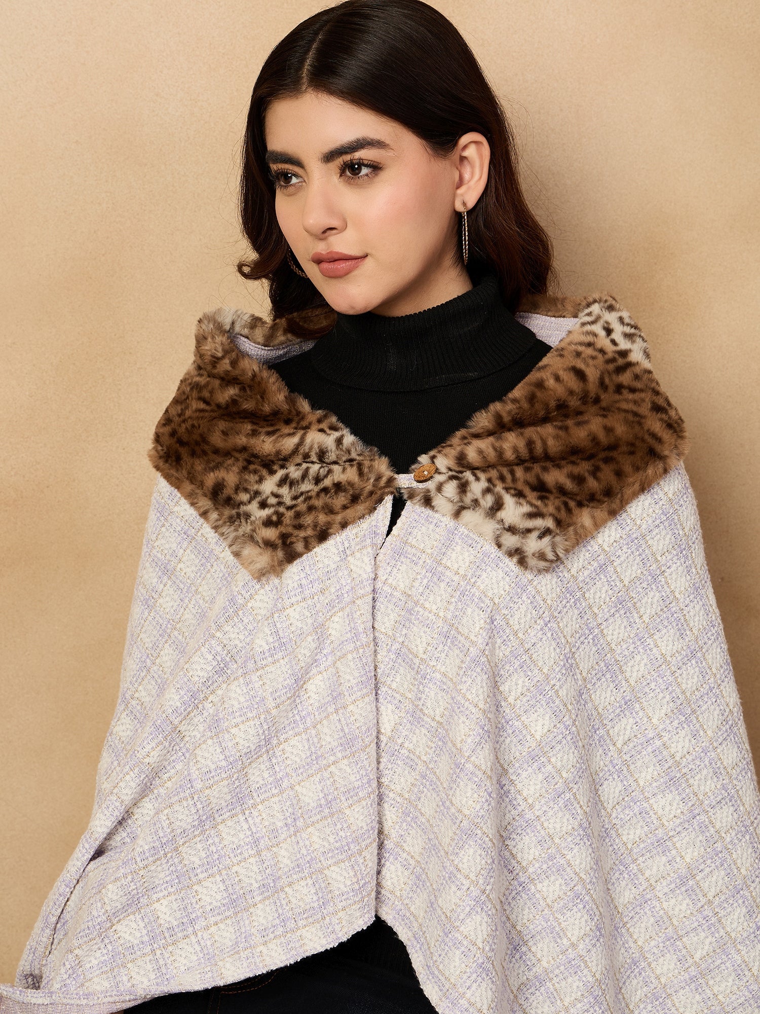 InWeave Mauve White Big Check Acrylic Fur Poncho - Distacart