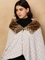 Thumbnail for InWeave Mauve White Big Check Acrylic Fur Poncho - Distacart