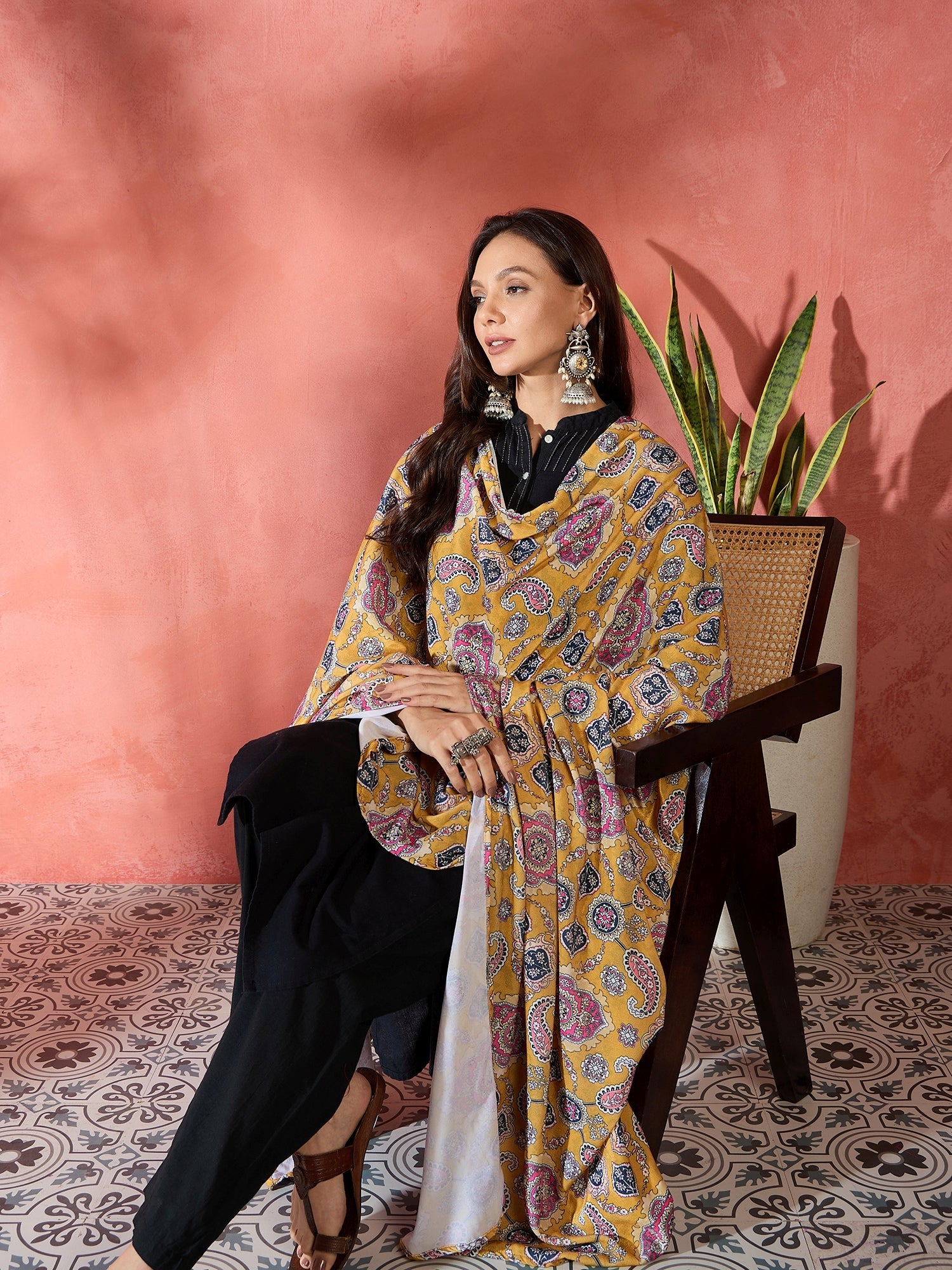 InWeave Yellow Printed Velvet Shawl - Distacart
