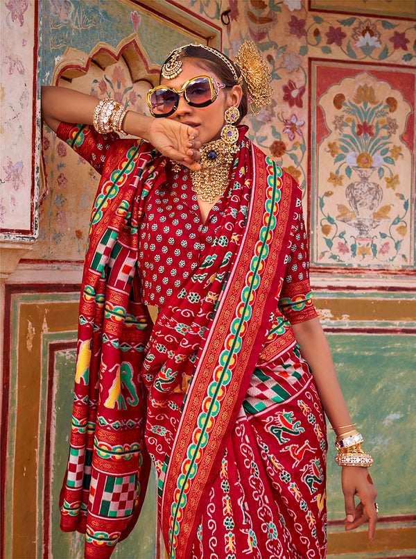 Monjolika Fashion Silk Patola Print Trendy Saree in Dark Red