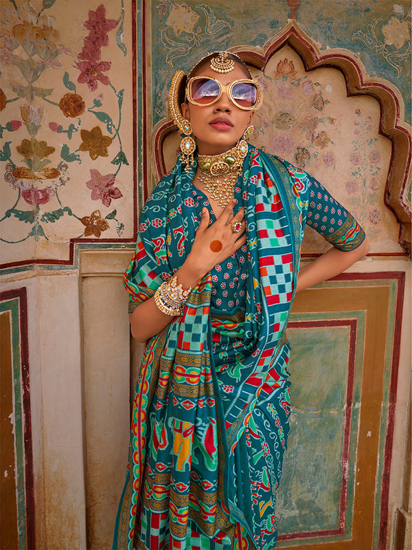 Monjolika Fashion Silk Patola Print Trendy Saree in Teal