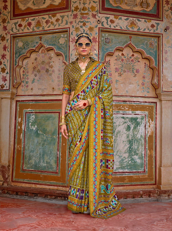 Monjolika Fashion Silk Patola Print Trendy Saree in Olive