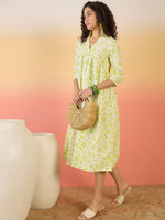 Thumbnail for InWeave Green White Rubber Print Flared Dress - Distacart