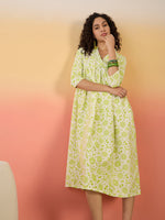 Thumbnail for InWeave Green White Rubber Print Flared Dress - Distacart