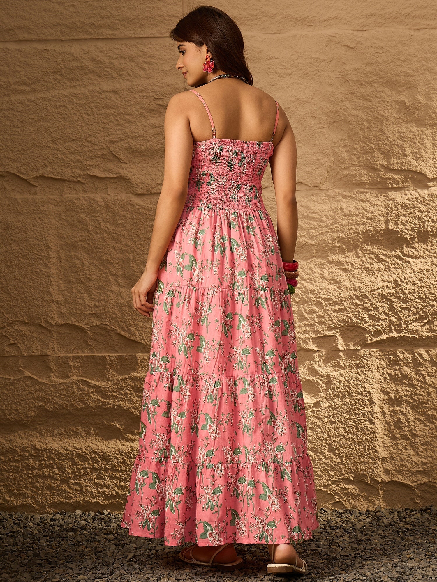 InWeave Peach Floral Print Tiered Dress - Distacart