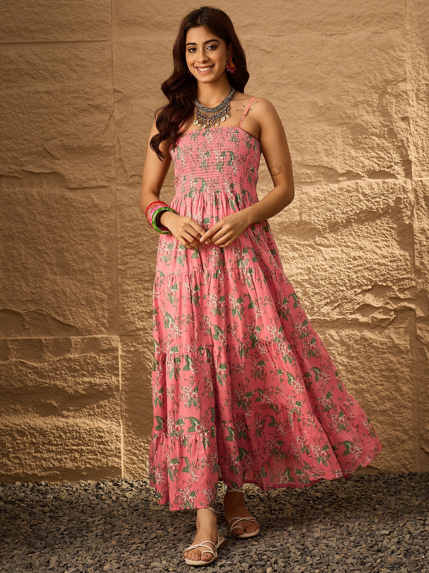 InWeave Peach Floral Print Tiered Dress - Distacart