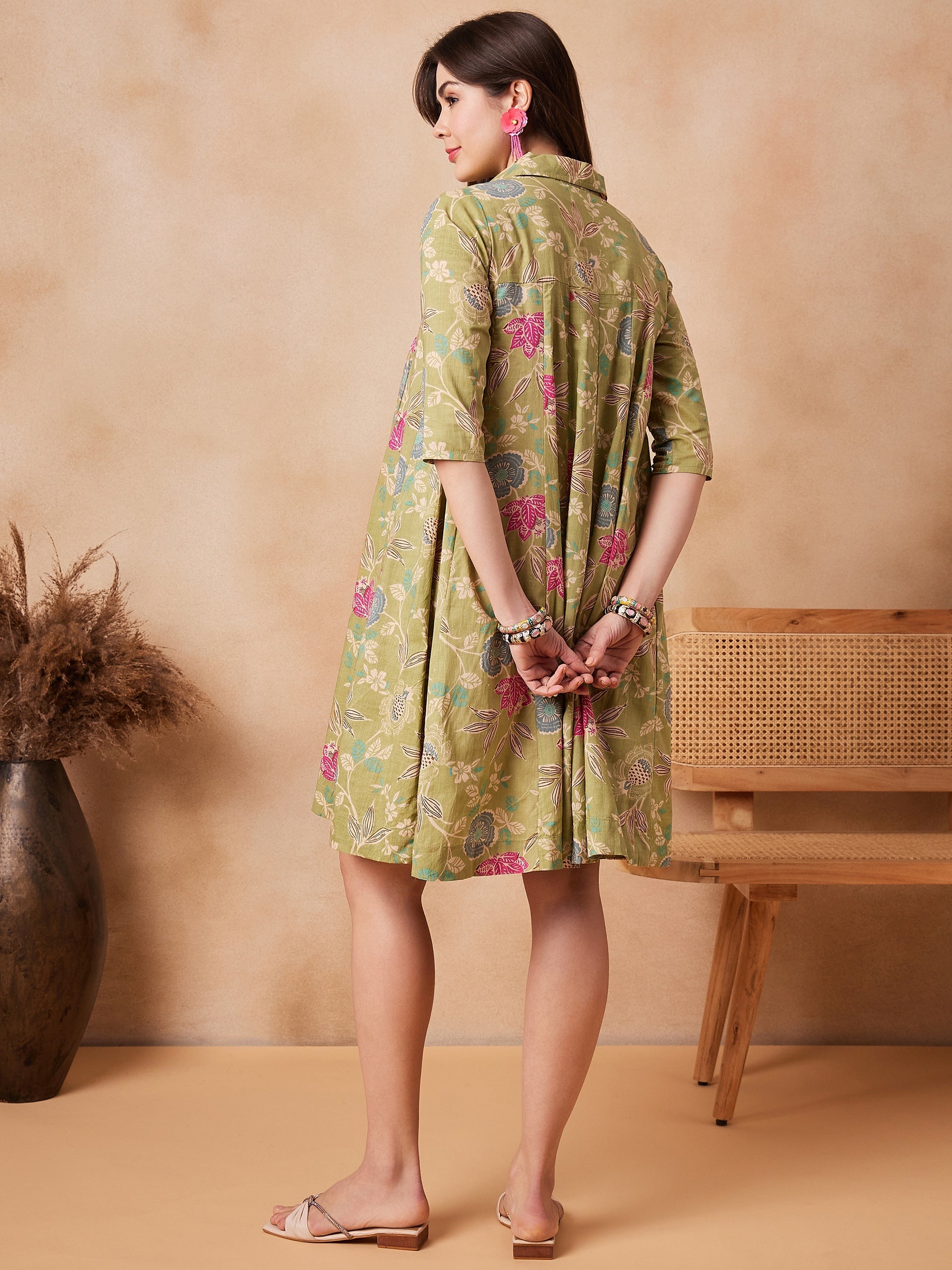 InWeave Light Lime Green Floral Printed Flared Dress - Distacart