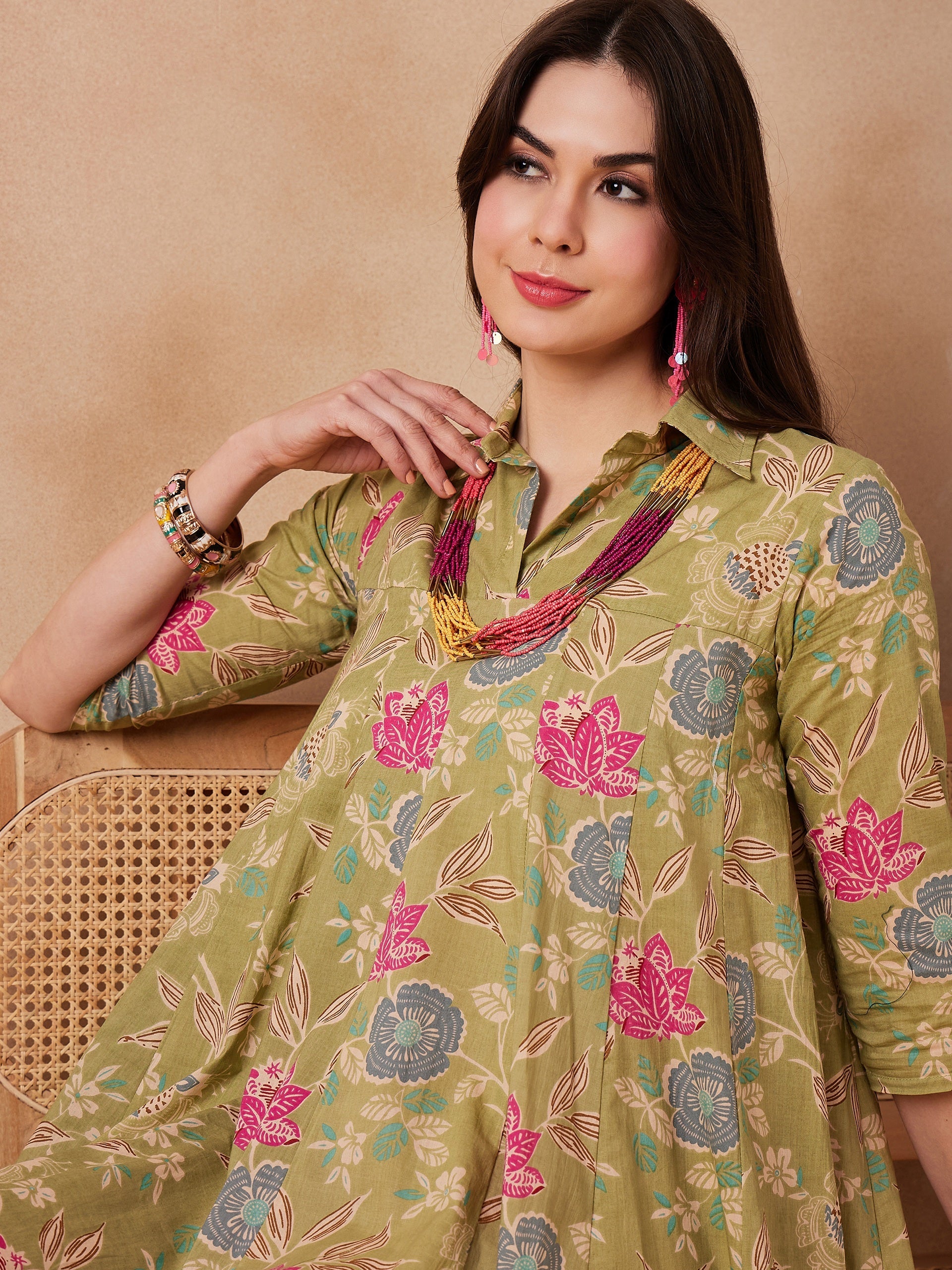 InWeave Light Lime Green Floral Printed Flared Dress - Distacart