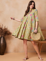 Thumbnail for InWeave Light Lime Green Floral Printed Flared Dress - Distacart