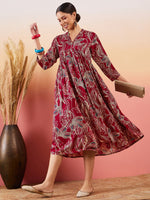 Thumbnail for InWeave Maroon Beige Blue Print Deep V Neck Flared Dress - Distacart