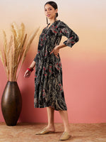 Thumbnail for InWeave Black Beige Red Print Deep V Neck Flared Dress - Distacart