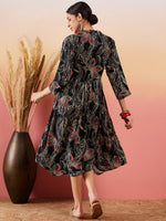 Thumbnail for InWeave Black Beige Red Print Deep V Neck Flared Dress - Distacart