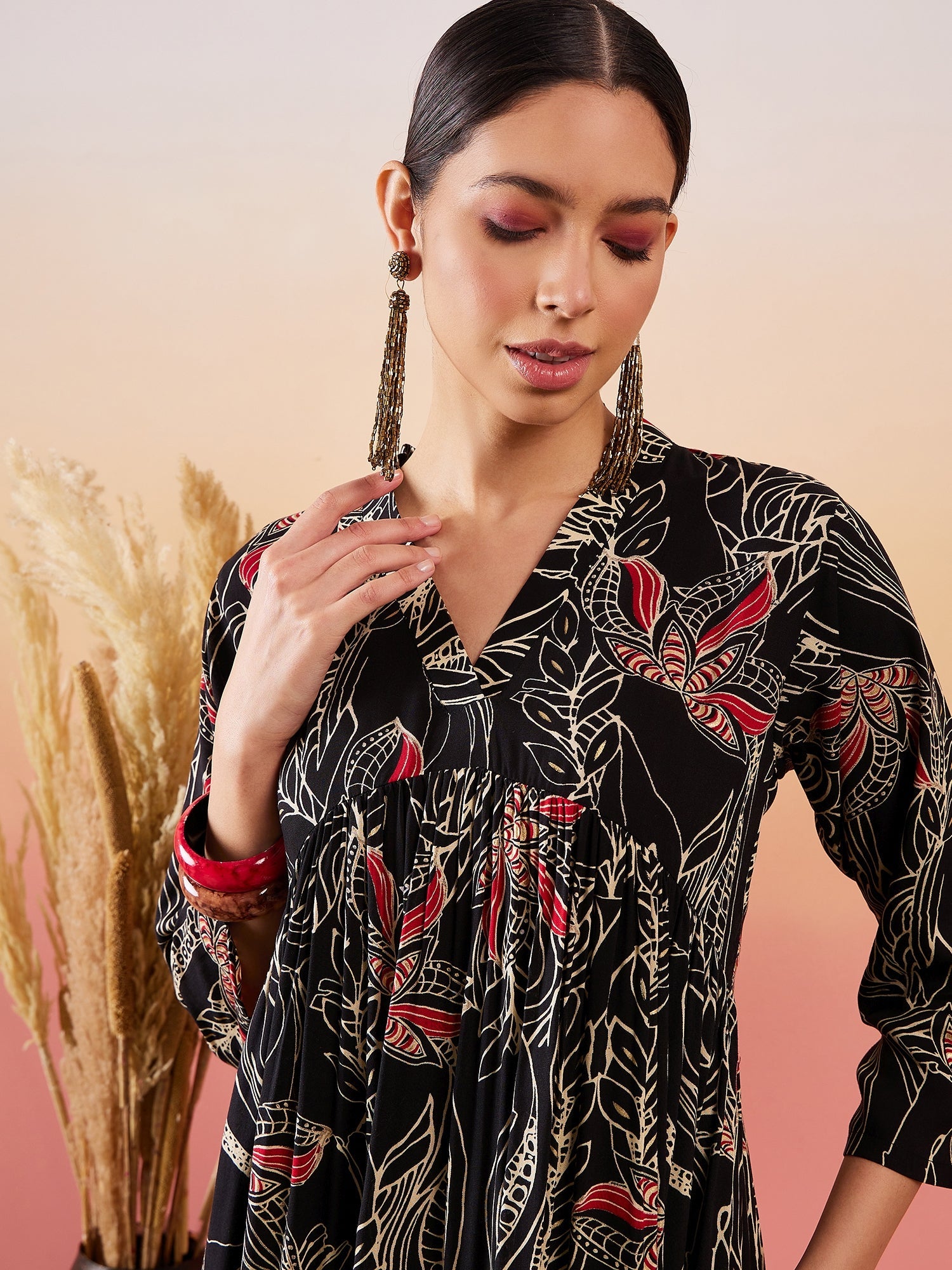 InWeave Black Beige Red Print Deep V Neck Flared Dress - Distacart