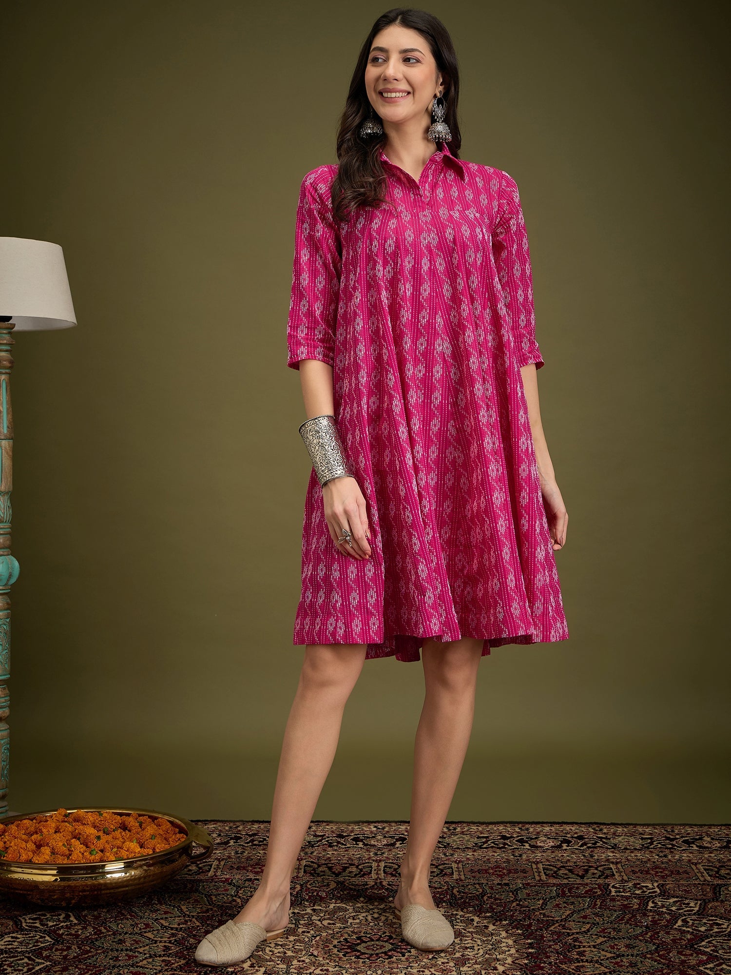 InWeave Fuchsia Ikkat Kantha Collar Flared Dress - Distacart