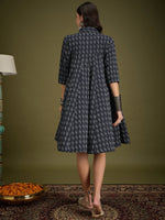 Thumbnail for InWeave Black Ikkat Kantha Collar Flared Dress - Distacart