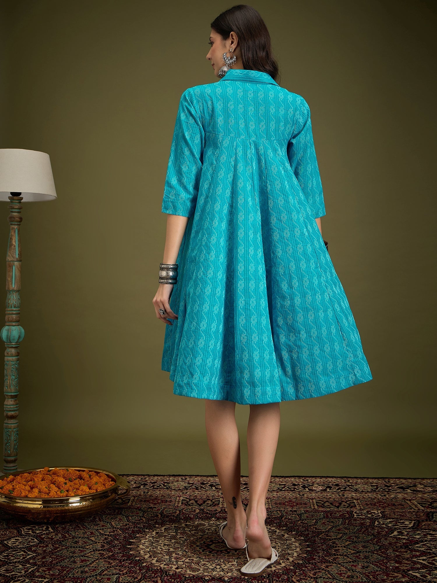InWeave Cyan Blue Ikkat Kantha Collar Flared Dress - Distacart