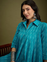 Thumbnail for InWeave Cyan Blue Ikkat Kantha Collar Flared Dress - Distacart