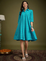 Thumbnail for InWeave Cyan Blue Ikkat Kantha Collar Flared Dress - Distacart