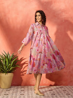 Thumbnail for InWeave Dull Pink Window Floral Flared Collar Dress - Distacart