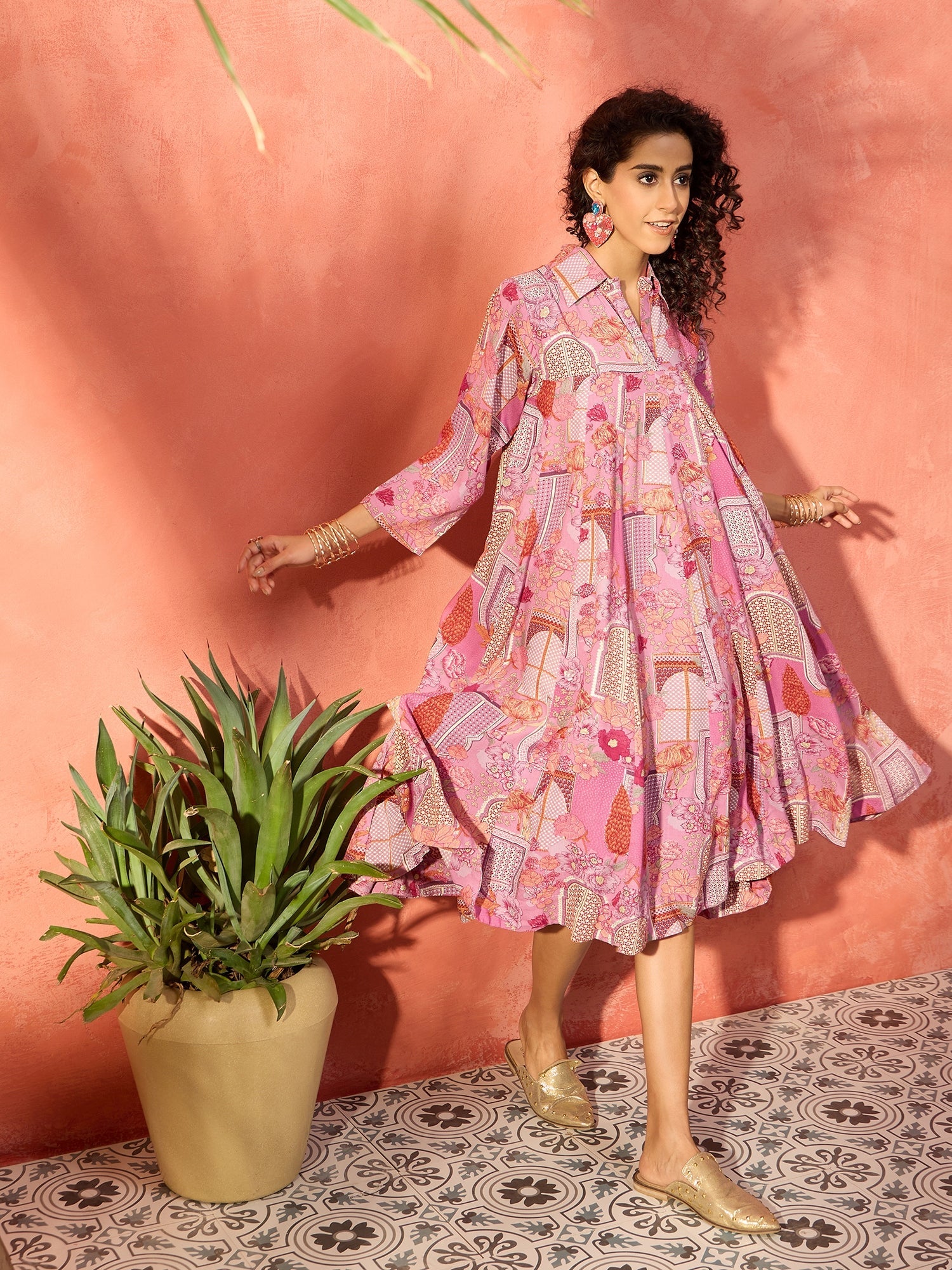 InWeave Dull Pink Window Floral Flared Collar Dress - Distacart