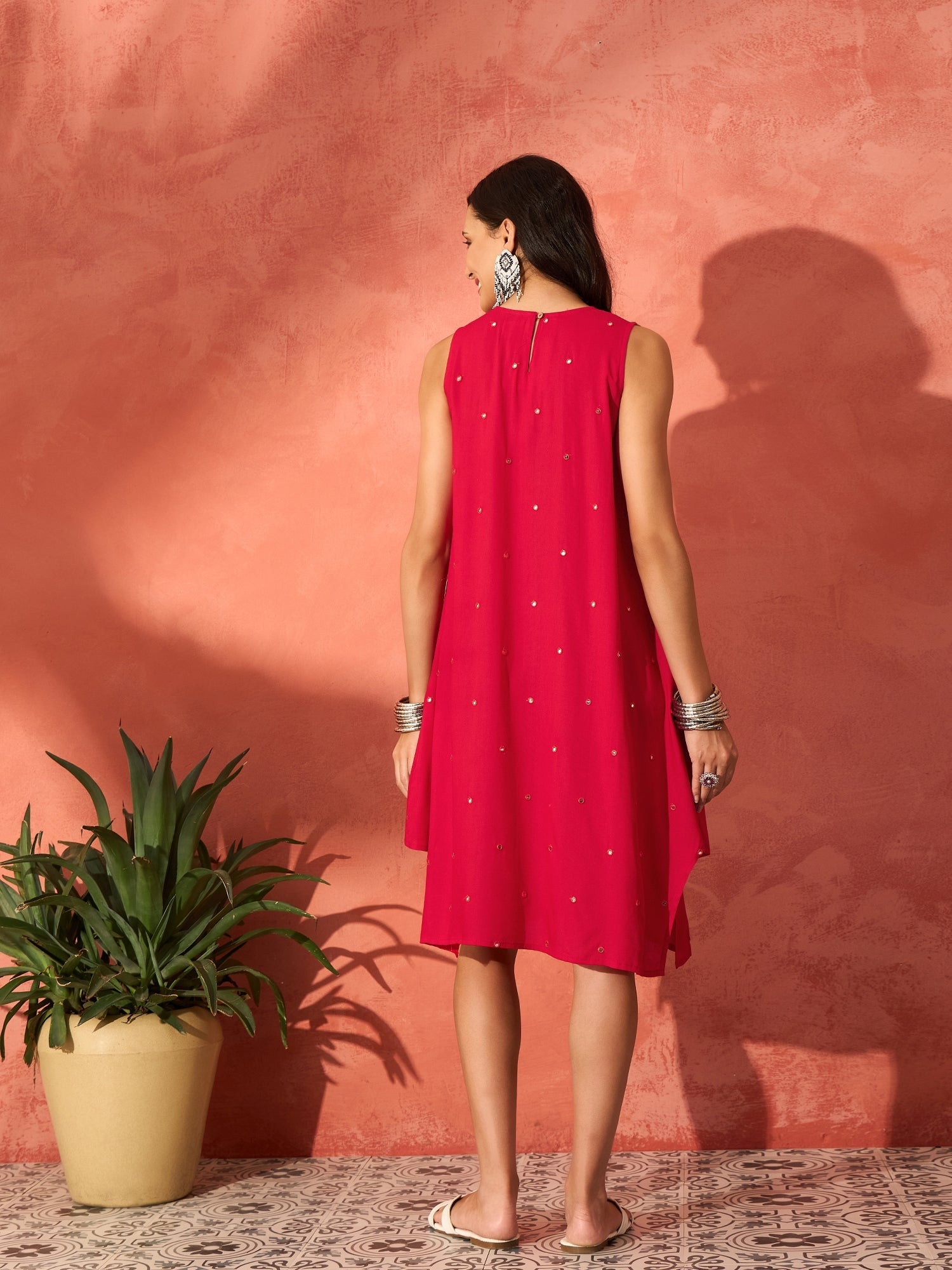 InWeave Red Mirror Work Round Neck W/S Dress - Distacart