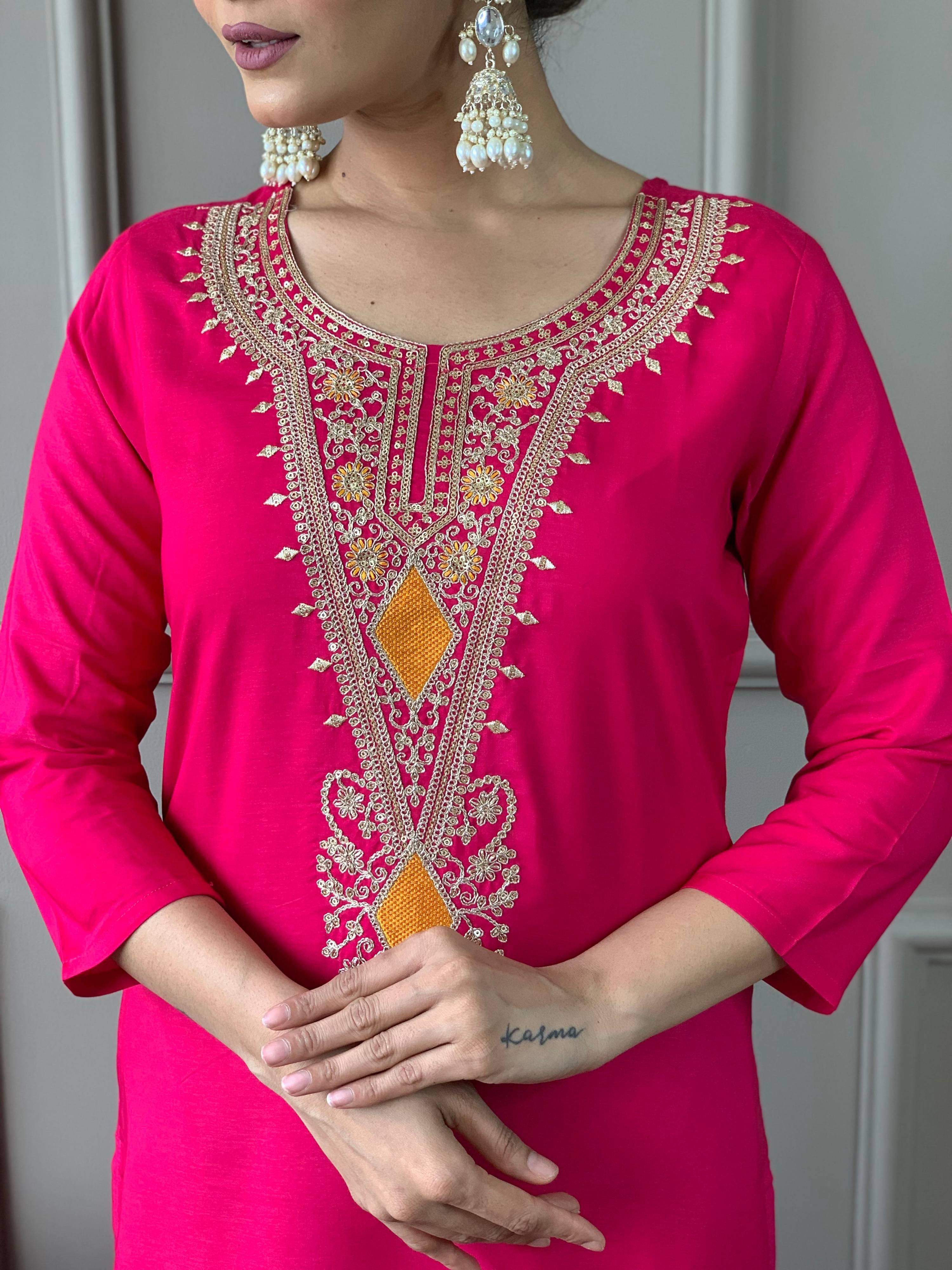 The52 Viscose Silk Fabric work Straight cut Kurta, Pant and Dupatta Set