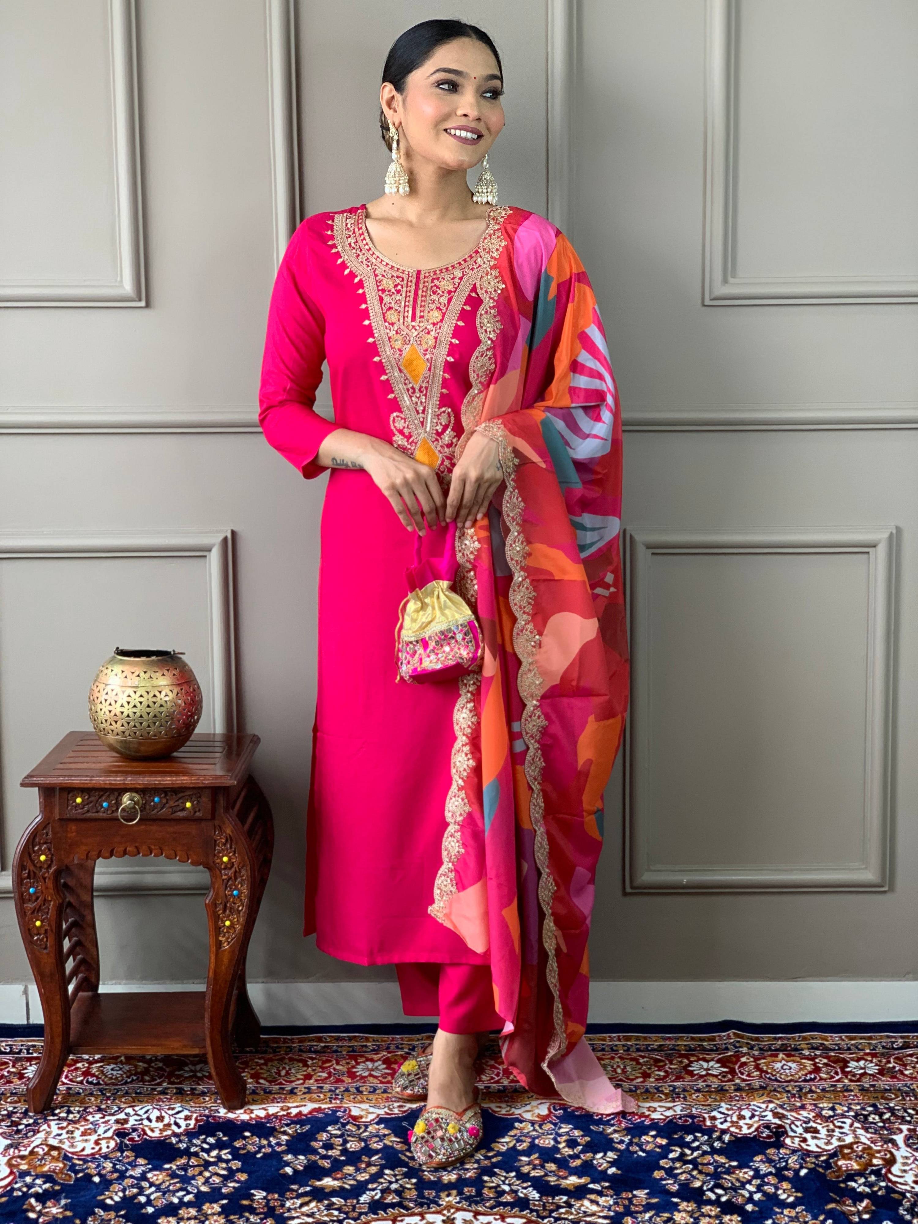 The52 Viscose Silk Fabric work Straight cut Kurta, Pant and Dupatta Set