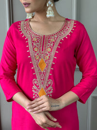 Thumbnail for Lyush Women's Round Neck Work Viscose Silk Fabric Kurta Pant With Dupatta Set - Red