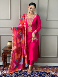 Thumbnail for Lyush Women's Round Neck Work Viscose Silk Fabric Kurta Pant With Dupatta Set - Red