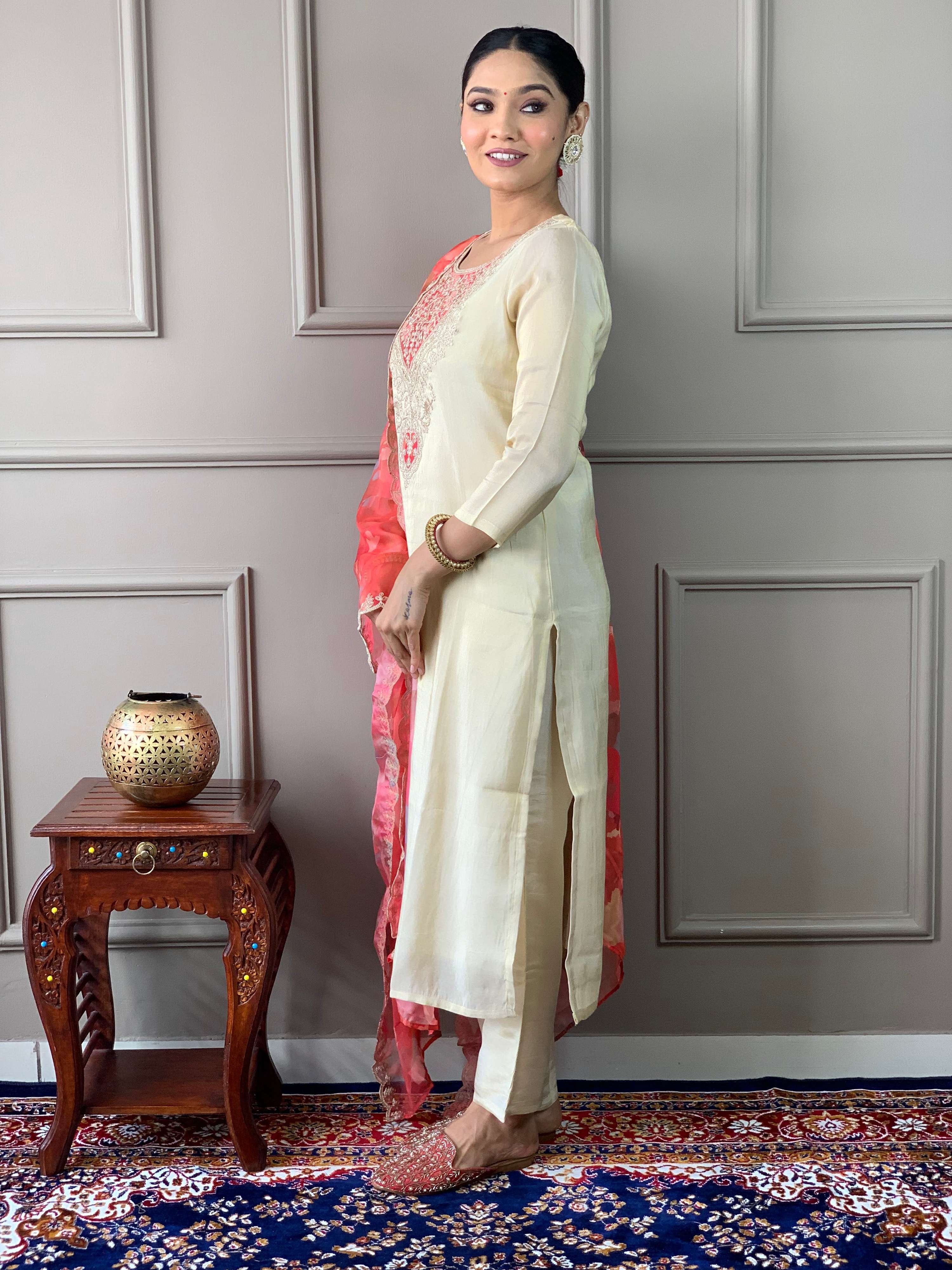 The52 Cream Embroidered Chanderi Silk Fabric Straight Kurta, Pant and Dupatta Set