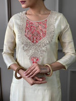 Thumbnail for The52 Cream Embroidered Chanderi Silk Fabric Straight Kurta, Pant and Dupatta Set