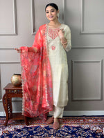 Thumbnail for The52 Cream Embroidered Chanderi Silk Fabric Straight Kurta, Pant and Dupatta Set