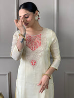 Thumbnail for The52 Cream Embroidered Chanderi Silk Fabric Straight Kurta, Pant and Dupatta Set
