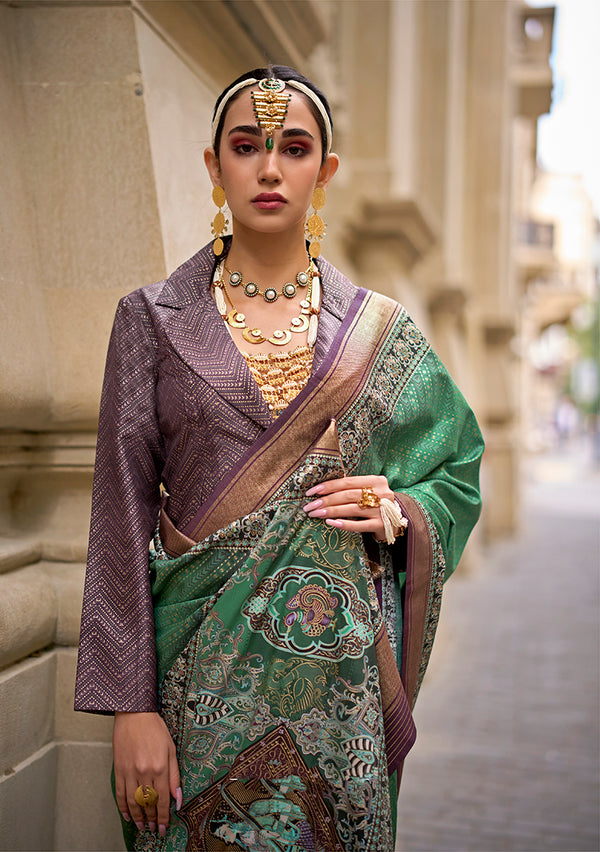 Monjolika Fashion Foil Print Green Viscose Silk Classic Saree