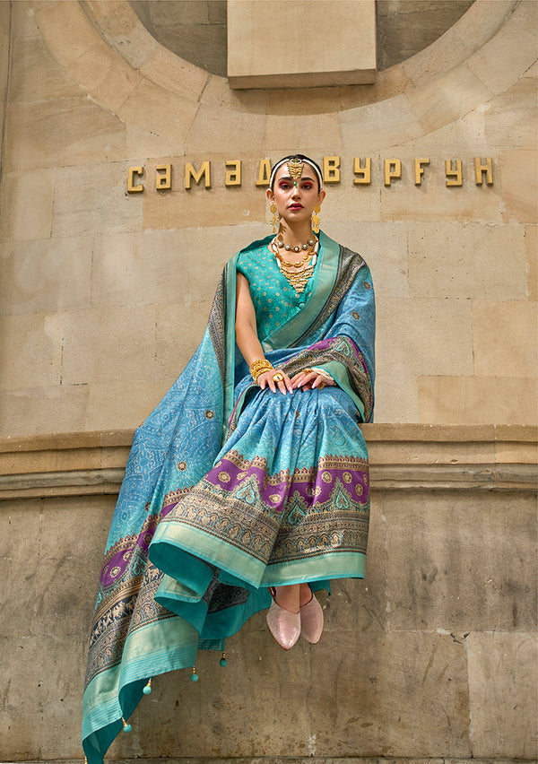 Monjolika Fashion Foil Print Firozi Viscose Silk Classic Saree
