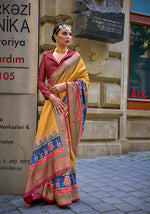 Thumbnail for Monjolika Fashion Foil Print Yellow Viscose Silk Classic Saree