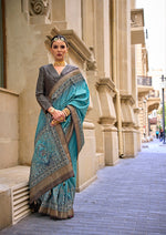 Thumbnail for Monjolika Fashion Foil Print Turquoise Viscose Silk Classic Saree
