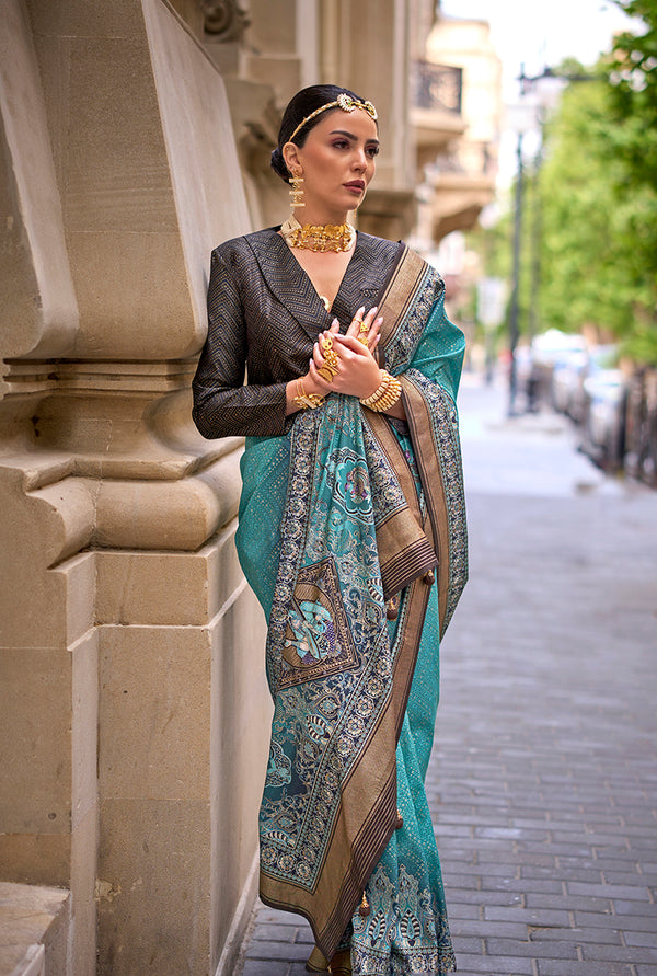 Monjolika Fashion Foil Print Turquoise Viscose Silk Classic Saree