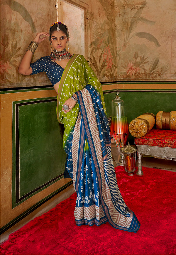 Monjolika Fashion Green & Navy Blue Mercerized Sigma Silk Saree with Aqua Finish