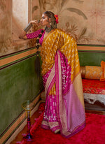Thumbnail for Monjolika Fashion Mustard & Magenta Mercerized Sigma Silk Saree with Aqua Finish