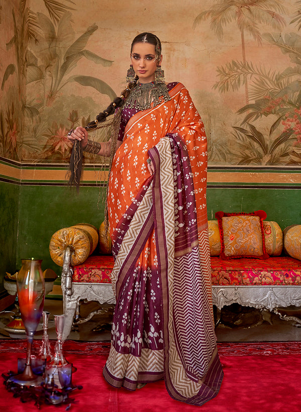 Monjolika Fashion Orange & Plum Mercerized Sigma Silk Saree with Aqua Finish