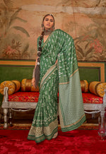 Thumbnail for Monjolika Fashion Green Mercerized Sigma Silk Saree with Aqua Finish